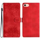 For iPhone 16e Cherry Blossom Butterfly Skin Feel Embossed PU Phone Case(Red) - 1