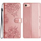 For iPhone 16e Cherry Blossom Butterfly Skin Feel Embossed PU Phone Case(Rose Gold) - 1