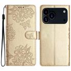 For iPhone 17 Pro Max Cherry Blossom Butterfly Skin Feel Embossed PU Phone Case(Gold) - 1