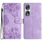 For Honor 90 Cherry Blossom Butterfly Skin Feel Embossed PU Phone Case(Purple) - 1