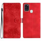 For Samsung Galaxy A21s Cherry Blossom Butterfly Skin Feel Embossed PU Phone Case(Red) - 1