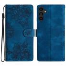 For Samsung Galaxy A35 Cherry Blossom Butterfly Skin Feel Embossed PU Phone Case(Blue) - 1