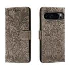 For Google Pixel 9 Pro Lace Flower Embossing Flip Leather Phone Case(Grey) - 1