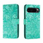 For Google Pixel 9 Pro Lace Flower Embossing Flip Leather Phone Case(Green) - 1