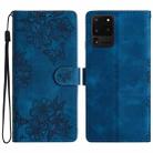 For Samsung Galaxy S20 Ultra Cherry Blossom Butterfly Skin Feel Embossed PU Phone Case(Blue) - 1