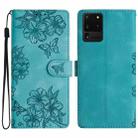 For Samsung Galaxy S20 Ultra Cherry Blossom Butterfly Skin Feel Embossed PU Phone Case(Green) - 1