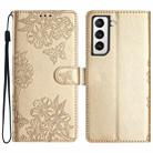 For Samsung Galaxy S21 FE 5G Cherry Blossom Butterfly Skin Feel Embossed PU Phone Case(Gold) - 1