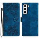 For Samsung Galaxy S21+ 5G Cherry Blossom Butterfly Skin Feel Embossed PU Phone Case(Blue) - 1