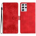 For Samsung Galaxy S21 Ultra 5G Cherry Blossom Butterfly Skin Feel Embossed PU Phone Case(Red) - 1
