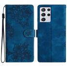 For Samsung Galaxy S21 Ultra 5G Cherry Blossom Butterfly Skin Feel Embossed PU Phone Case(Blue) - 1