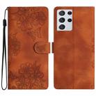 For Samsung Galaxy S21 Ultra 5G Cherry Blossom Butterfly Skin Feel Embossed PU Phone Case(Brown) - 1