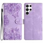 For Samsung Galaxy S22 Ultra 5G Cherry Blossom Butterfly Skin Feel Embossed PU Phone Case(Purple) - 1