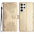For Samsung Galaxy S22 Ultra 5G Cherry Blossom Butterfly Skin Feel Embossed PU Phone Case(Gold) - 1