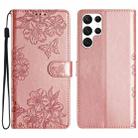 For Samsung Galaxy S22 Ultra 5G Cherry Blossom Butterfly Skin Feel Embossed PU Phone Case(Rose Gold) - 1