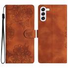 For Samsung Galaxy S23 5G Cherry Blossom Butterfly Skin Feel Embossed PU Phone Case(Brown) - 1