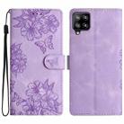 For Samsung Galaxy M53 Cherry Blossom Butterfly Skin Feel Embossed PU Phone Case(Purple) - 1