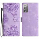 For Samsung Galaxy Note20 Cherry Blossom Butterfly Skin Feel Embossed PU Phone Case(Purple) - 1