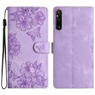 For Sony Xperia 1 V Cherry Blossom Butterfly Skin Feel Embossed PU Phone Case(Purple) - 1