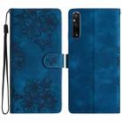 For Sony Xperia 1 V Cherry Blossom Butterfly Skin Feel Embossed PU Phone Case(Blue) - 1