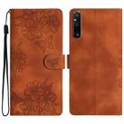 For Sony Xperia 1 V Cherry Blossom Butterfly Skin Feel Embossed PU Phone Case(Brown) - 1
