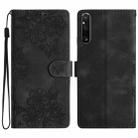 For Sony Xperia 1 V Cherry Blossom Butterfly Skin Feel Embossed PU Phone Case(Black) - 1