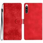 For Sony Xperia 5 Cherry Blossom Butterfly Skin Feel Embossed PU Phone Case(Red) - 1