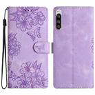 For Sony Xperia 5 Cherry Blossom Butterfly Skin Feel Embossed PU Phone Case(Purple) - 1