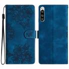 For Sony Xperia 5 Cherry Blossom Butterfly Skin Feel Embossed PU Phone Case(Blue) - 1