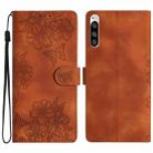 For Sony Xperia 5 Cherry Blossom Butterfly Skin Feel Embossed PU Phone Case(Brown) - 1