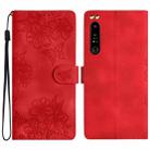 For Sony Xperia 1 IV Cherry Blossom Butterfly Skin Feel Embossed PU Phone Case(Red) - 1