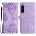 For Sony Xperia 1 IV Cherry Blossom Butterfly Skin Feel Embossed PU Phone Case(Purple) - 1