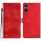 For Sony Xperia 10 VI Cherry Blossom Butterfly Skin Feel Embossed PU Phone Case(Red) - 1