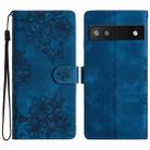 For Google Pixel 6a Cherry Blossom Butterfly Skin Feel Embossed PU Phone Case(Blue) - 1