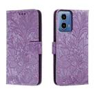 For Motorola Moto G34 Lace Flower Embossing Flip Leather Phone Case(Purple) - 1