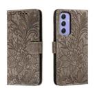 For Samsung Galaxy A55 Lace Flower Embossing Flip Leather Phone Case(Grey) - 1