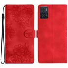 For Motorola Moto E22 Cherry Blossom Butterfly Skin Feel Embossed PU Phone Case(Red) - 1