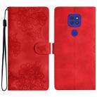 For Motorola Moto G9 / G9 Play Cherry Blossom Butterfly Skin Feel Embossed PU Phone Case(Red) - 1