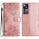 For Xiaomi 12T / 12T Pro Cherry Blossom Butterfly Skin Feel Embossed PU Phone Case(Rose Gold) - 1