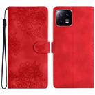 For Xiaomi 13 Cherry Blossom Butterfly Skin Feel Embossed PU Phone Case(Red) - 1