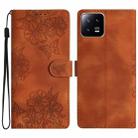 For Xiaomi 13 Cherry Blossom Butterfly Skin Feel Embossed PU Phone Case(Brown) - 1