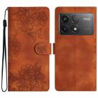 For Xiaomi Poco F6 Pro Cherry Blossom Butterfly Skin Feel Embossed PU Phone Case(Brown) - 1