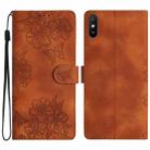 For Xiaomi Redmi 9A Cherry Blossom Butterfly Skin Feel Embossed PU Phone Case(Brown) - 1