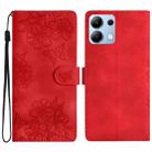 For Redmi Note 14 4G Cherry Blossom Butterfly Skin Feel Embossed PU Phone Case(Red) - 1