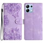 For Redmi Note 14 4G Cherry Blossom Butterfly Skin Feel Embossed PU Phone Case(Purple) - 1