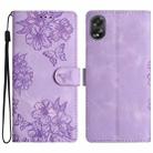 For OPPO A18 / A38 Cherry Blossom Butterfly Skin Feel Embossed PU Phone Case(Purple) - 1