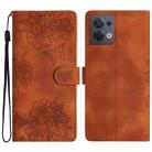 For OPPO Reno8 5G Global Cherry Blossom Butterfly Skin Feel Embossed PU Phone Case(Brown) - 1