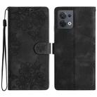 For OPPO Reno8 5G Global Cherry Blossom Butterfly Skin Feel Embossed PU Phone Case(Black) - 1