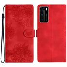 For Huawei P40 Cherry Blossom Butterfly Skin Feel Embossed PU Phone Case(Red) - 1