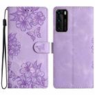 For Huawei P40 Cherry Blossom Butterfly Skin Feel Embossed PU Phone Case(Purple) - 1