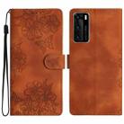 For Huawei P40 Cherry Blossom Butterfly Skin Feel Embossed PU Phone Case(Brown) - 1